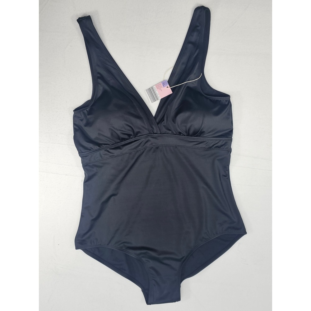 Serra Women's XL Black V Neck Ruched‎ Waist One Piece Swimsuit Bathing Suit New